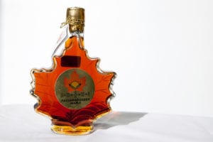 A bottle of Passamaquoddy maple syrup
