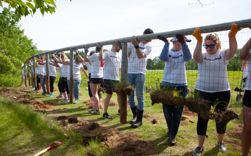 Volunteers help with a fence