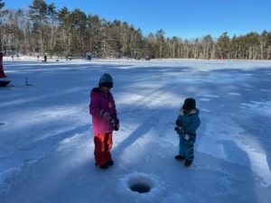 Children ice fishing on Chaffin Pond