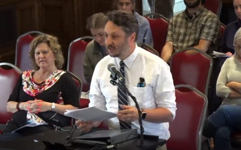 Nick Lund from Maine Audubon and BirdSafe Maine speaks in support of the ordinance at the City Council