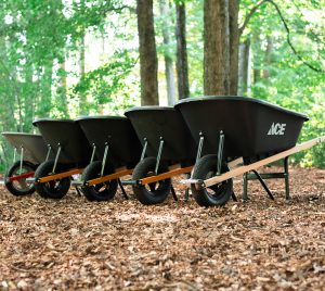 Wheelbarrows on mulch in a wooded area